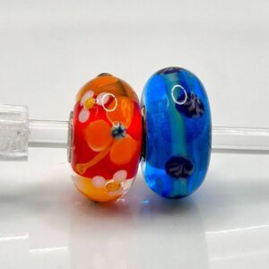 TROLLBEADS Lot of 2 Blue China & Orange Flower w Small Blue Buds LAA 925S NEW!